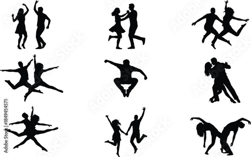 Dynamic dance silhouette set featuring couples and solo dancers jumping spinning modern ballet jazz energetic poses vector illustration collection black