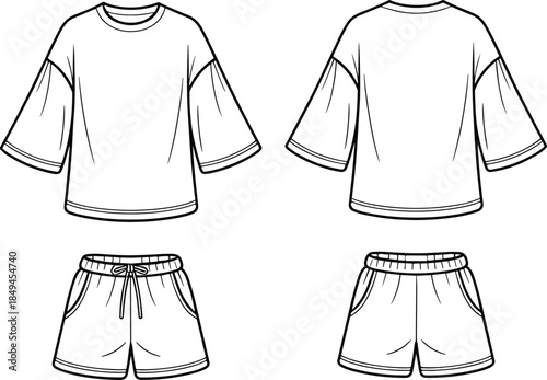 Casual oversized T-shirt and shorts fashion template front and back vector illustration for apparel design, clothing mockup presentation flat layout