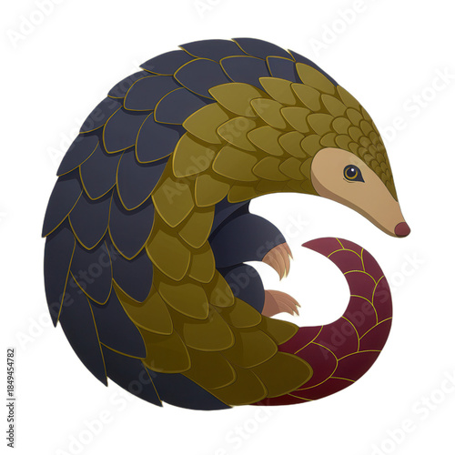 Colorful pangolin illustration with transparent background, showcasing its unique scales and curled posture, perfect for various designs