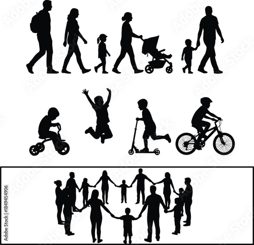 Family silhouette illustration showing parents children walking playing cycling together symbolizing life stages unity community growth generations across all ages