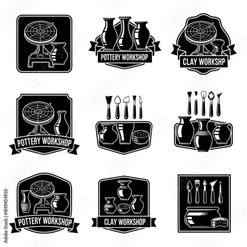 Set of vintage black and white pottery workshop emblems.