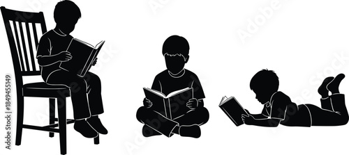 Children reading books in various positions, sitting and lying down, educational learning concept, silhouette illustration for studying, literacy, classroom and school themes