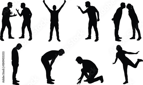 Male silhouette gesture set showing conflict victory accusation greeting fatigue kneeling and movement isolated vector illustration for emotional storytelling