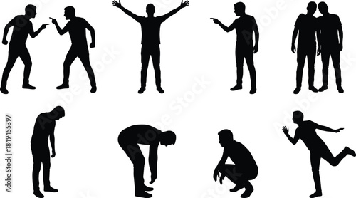 Male silhouette pose set showing emotions conflict victory pointing depression fatigue squatting running isolated vector illustration collection for creative design