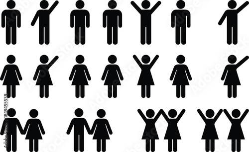 People silhouette icons set showing men women gestures standing cheering holding hands representing human figures diversity community relationships symbols