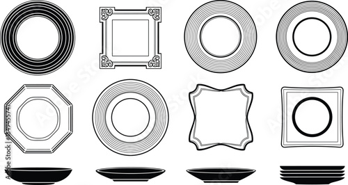 Elegant Vector Plates and Dishes Set, Various Shapes: Round, Square, Octagon; Outline and Silhouette Icons for Restaurant, Dining, and Kitchen Design, Isolated