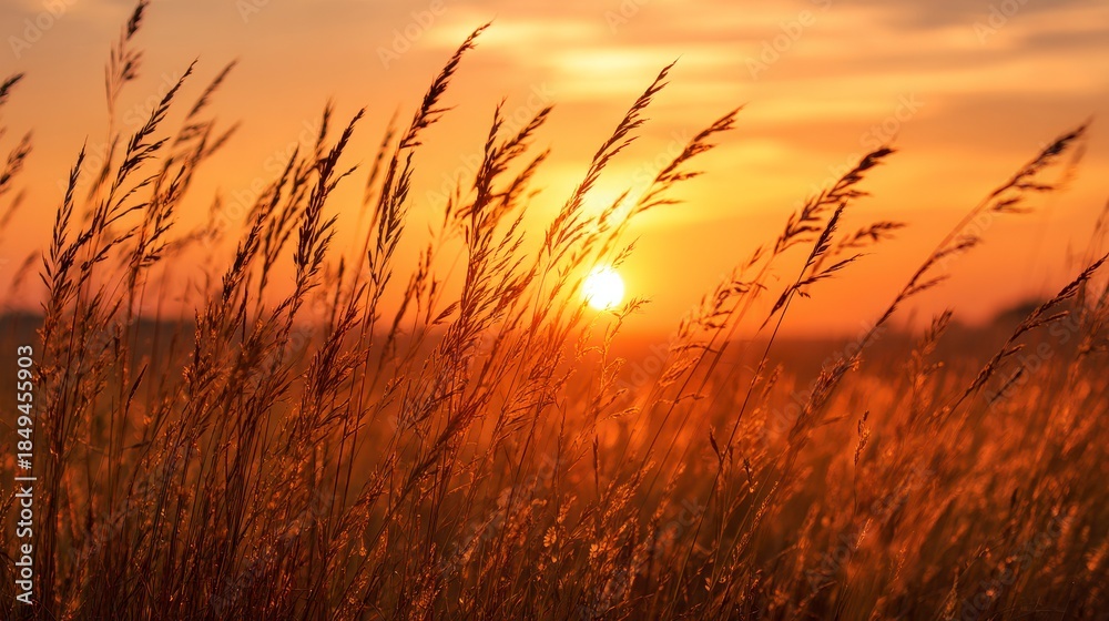 Fototapeta premium Close-up of tall grasses swaying gently in the warm glow of a golden sunset. The sun is a bright orb