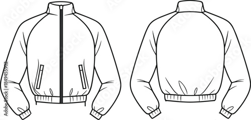 Front and back jacket technical drawing, minimal line art outerwear illustration, vector fashion design template for apparel branding, mockup, printing, customization