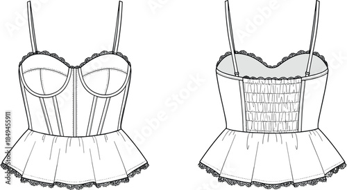 Women corset peplum top vector illustration with front back views lingerie fashion technical drawing elegant apparel design sewing pattern blueprint