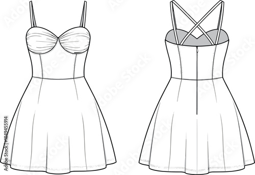 Women dress technical fashion illustration showing front and back views sleeveless fitted dress design template sewing pattern vector artwork