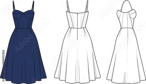 Women elegant midi dress vector illustration with front back side views fashion technical sketch modern apparel design blueprint