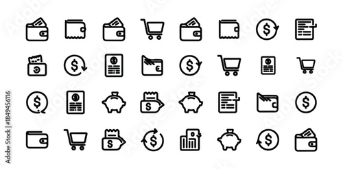 Set of 30 wallet line icons money finance and shopping outline vector icons for web