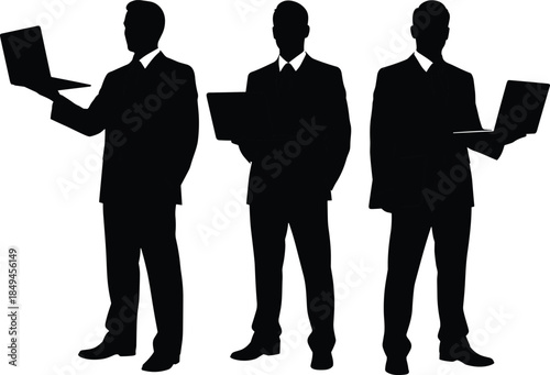 Professional business executives working with laptops, corporate team silhouette standing confidently, technology communication concept, modern office workflow illustration