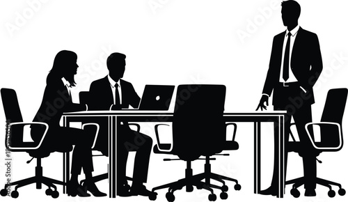 Silhouette business team discussing project at meeting table with laptops, leadership communication, corporate teamwork concept in professional office environment