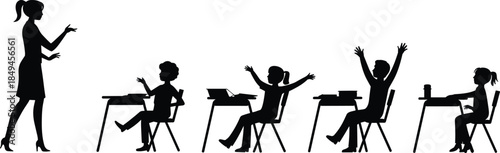 Silhouette classroom scene with teacher instructing students sitting at desks raising hands and learning, vector education illustration for academic design