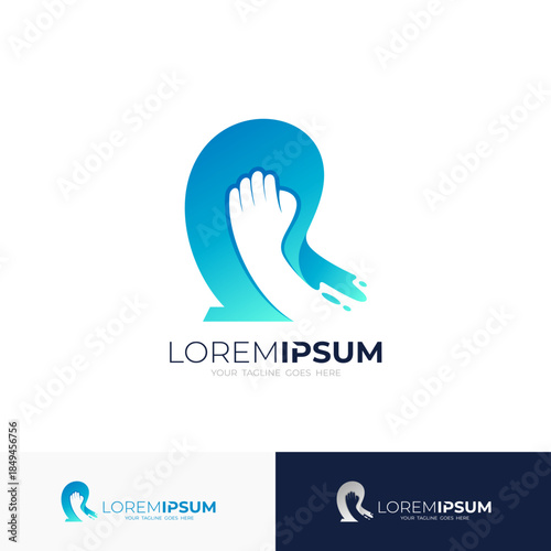 R logo and hand care design combination, blue color