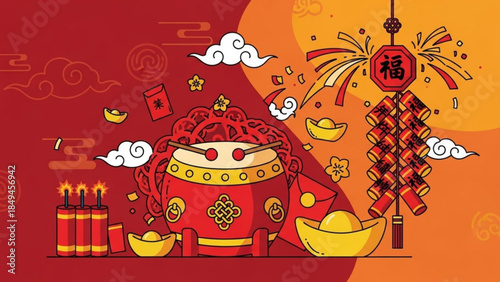 Chinese new year celebration with red envelope, firecrackers