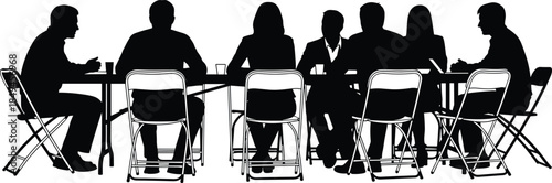 Silhouette group of business people sitting around meeting table discussing ideas and planning strategy, corporate teamwork concept vector illustration
