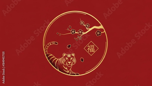 Gold line art tiger in circle with cherry blossoms and chinese