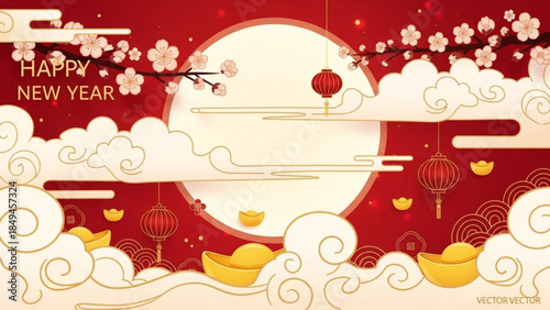 Chinese new year celebration with red lanterns, gold coins,