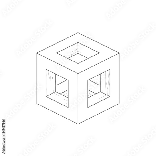 An isometric line drawing of a hollow cube with square openings on three visible faces.