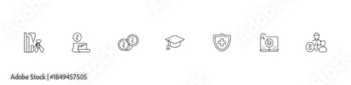 Business growth graph, person with money, coins, graduation cap, shield with cross, open book