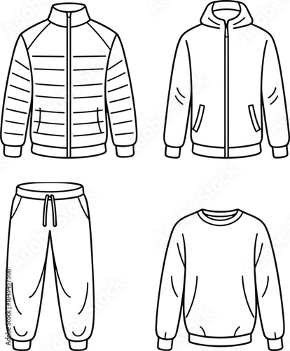 Winter clothing line icons featuring jackets, hoodie, jogger pants, sweatshirt, minimal outline fashion set for branding, design, ecommerce, and digital projects