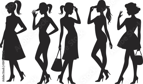 Set of Vector Silhouettes Illustrating Stylish Women Posing in Short Dresses, Hats, and High Heels for Fashion and Shopping.
