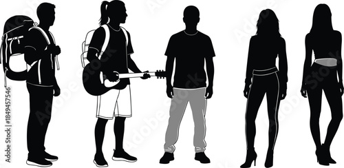 Set of Vector Silhouettes Illustrating Diverse Young People, Including Travelers with Backpacks, a Musician, and Casual Friends.