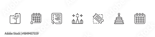 Set of party and event line icons. calendar, cake, celebration, fireworks, ticket, wallet
