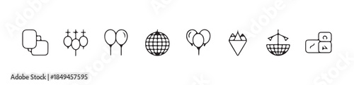 Collection of party icons including speech bubbles balloons disco ball and ice cream cone