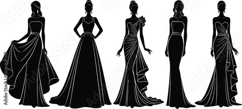 Set of Vector Silhouettes Illustrating Women Wearing Long, Elegant Evening Gowns and Formal Dresses for Special Events.