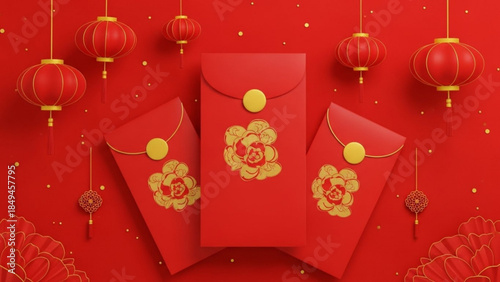 Red envelopes with golden floral designs and lanterns