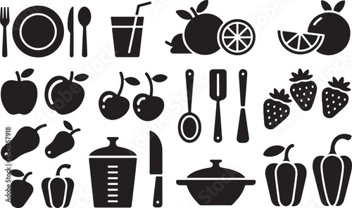 Kitchen utensils fruits and vegetables vector icon set for healthy eating cooking food preparation