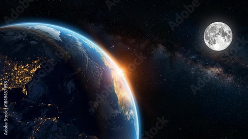 View of Earth from space at sunrise, with the moon and Milky Way galaxy visible. City lights twinkle below the illuminated atmosphere
