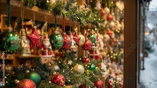 A vibrant Christmas market stall adorned with festive red and green ornaments, Santa figurines, and warm twinkling lights creating a magical winter