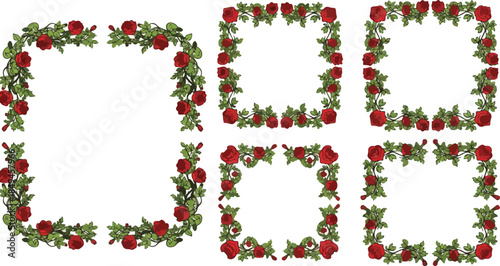 Four square and one rounded square frame made of red roses and green leaves on a white background, flat lay from above.
