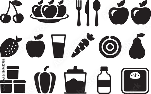 Healthy food and weight loss icons set with fruits vegetables and measuring scale on transparent background