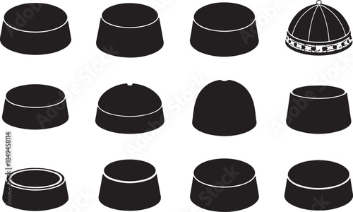 Diverse traditional Muslim headwear collection: various kufi hats and caps in elegant black silhouettes
