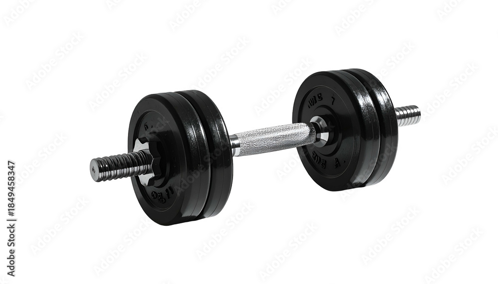 Naklejka premium A chrome barbell loaded with black weight plates, isolated on a stark black background