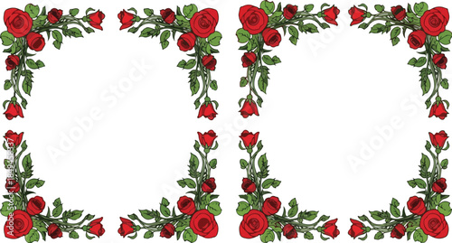 Digital illustration of a floral frame border with red roses and green leaves on a white background.