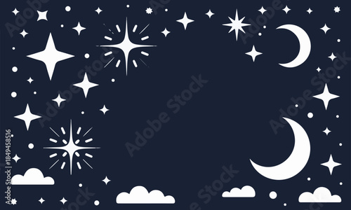 Night sky with crescent moons stars and clouds in white on dark blue background simple flat illustration