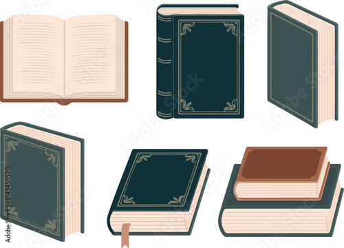 Collection of open and closed books in different covers and styles arranged for display illustration