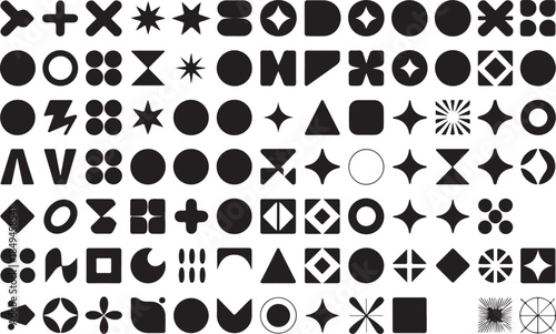 Geometric shapes and symbols in black on transparent background variety of abstract patterns and icons