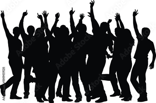 Silhouettes of a happy, enthusiastic crowd with hands raised and jumping, symbolizing pure joy, freedom, celebration, success, and a lively event or concert.
