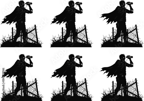 six different style illustration and white background depicting explorer in torn cape using binoculars near wire fence, silhouette vector, adventure and discovery scene
