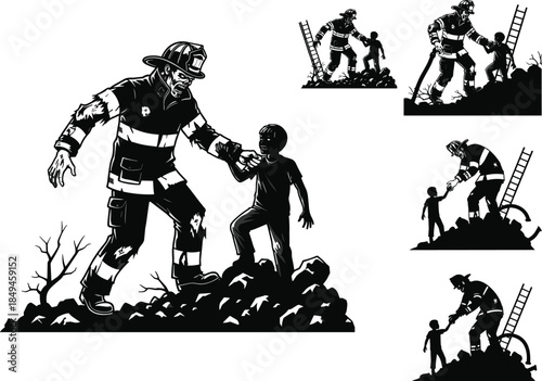 six different style illustration and white background depicting firefighter rescuing child from debris, courage, safety, emergency response, heroic rescue vector artwork