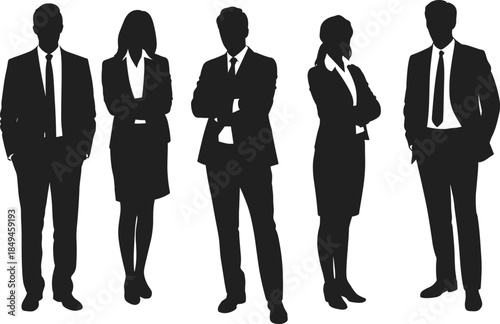 WebSilhouettes of diverse male and female business professionals and executives standing confidently, symbolizing teamwork, corporate leadership, and modern office success