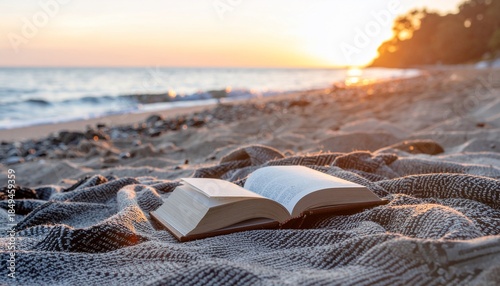 Serene beach sunset moment with an open book resting on a cozy blanket, offering a perfect scene for leisure and relaxation by the tranquil ocean