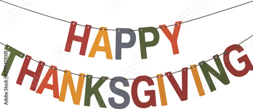 Happy thanksgiving banner with colorful letters hanging on string isolated on transparent background vector